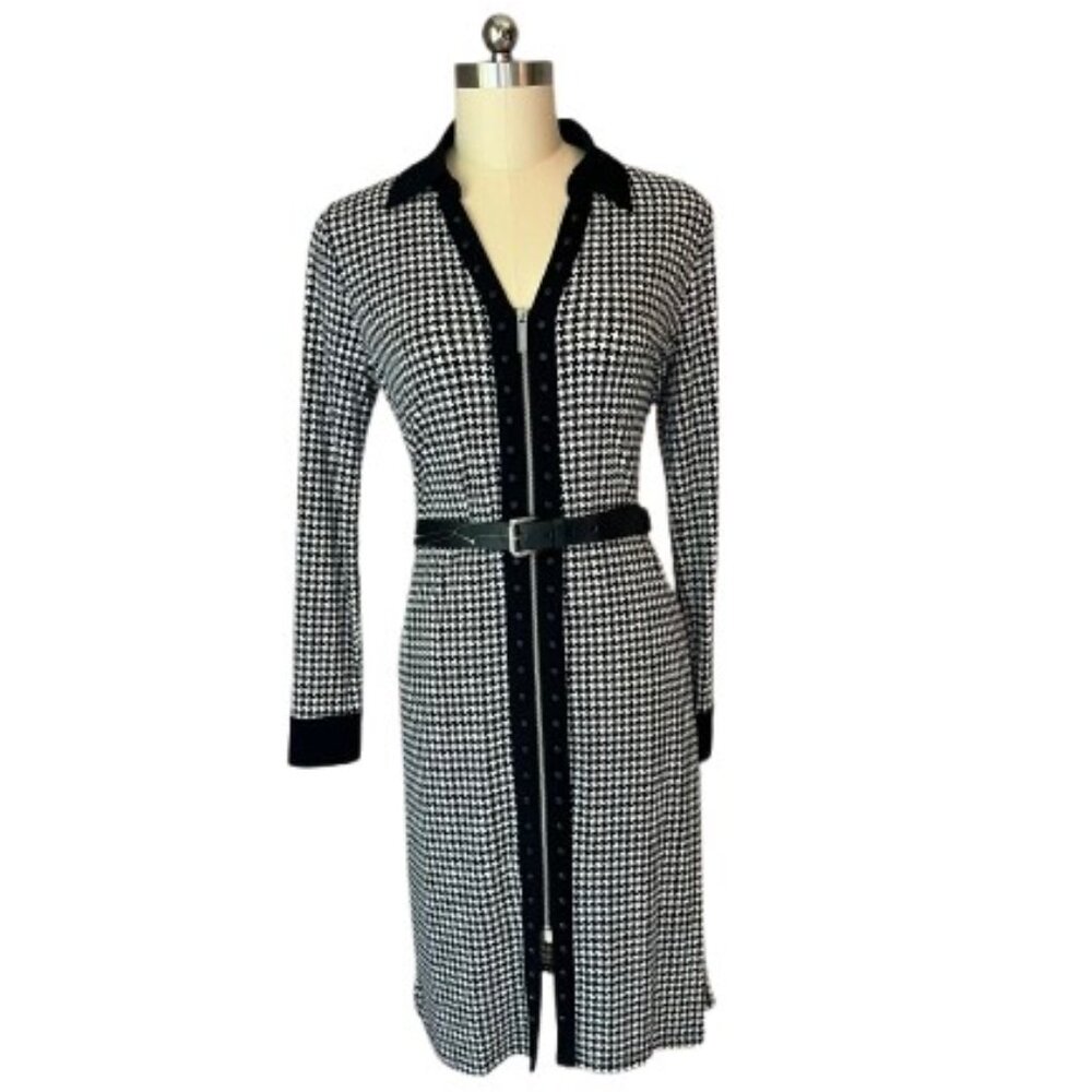 Michael Kors Black & White Houndstooth Long Sleeve Midi Shirt Dress - NWT